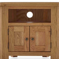Zelah Oak Corner TV Stand - Close up of shelf and lower cupboard doors