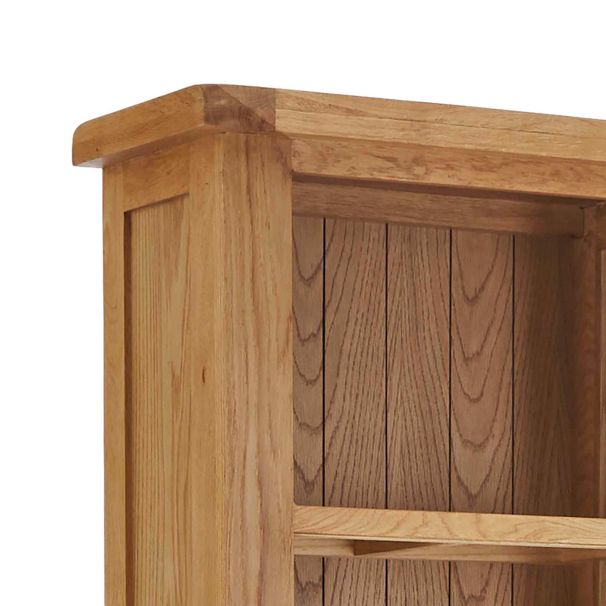 Zelah Oak Narrow Bookcase - Close up of top of bookcase