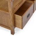 Zelah Oak Monks Bench - Close up of drawer when open