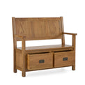 Zelah Oak Monks Bench - Side view with drawers open