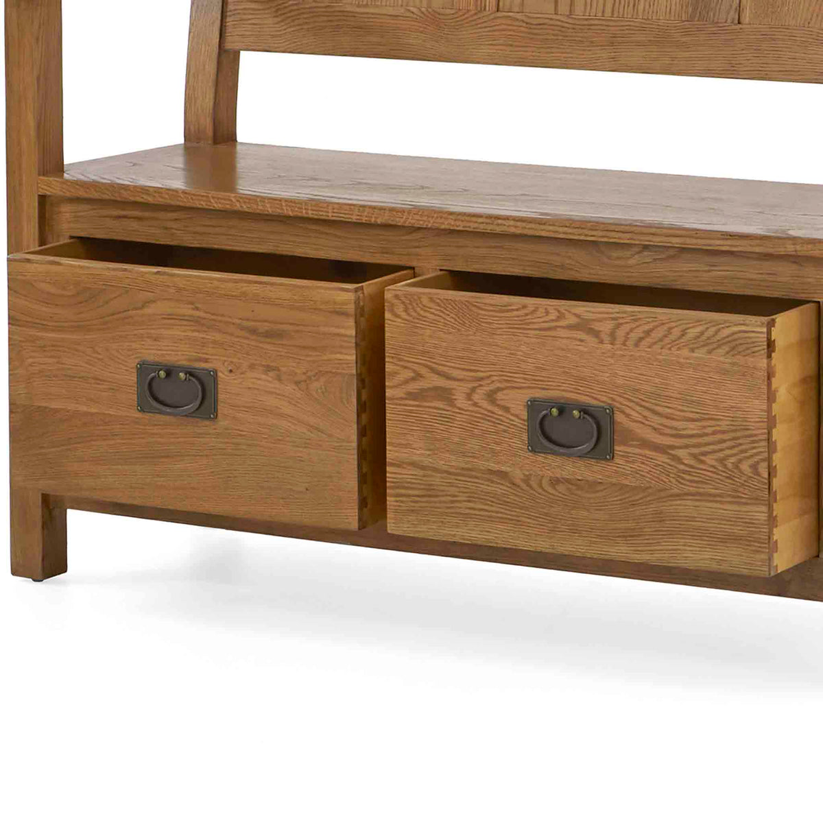 Zelah Oak Monks Bench - Close up of seat and lower drawers