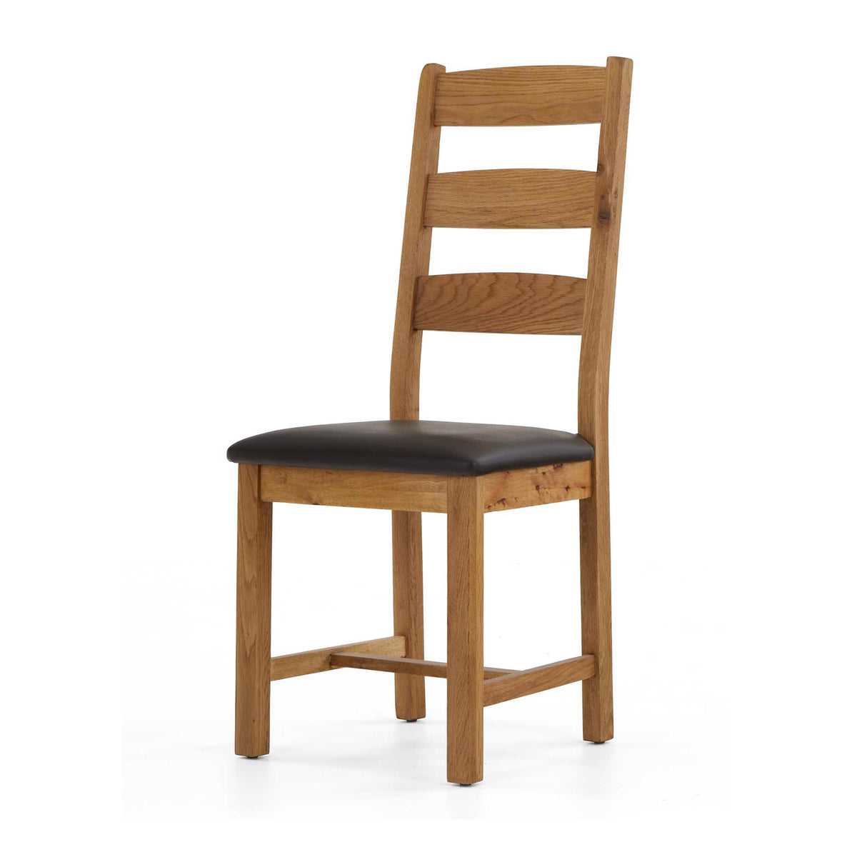 Wooden chair with ladder back and dark brown cushioned seat.
