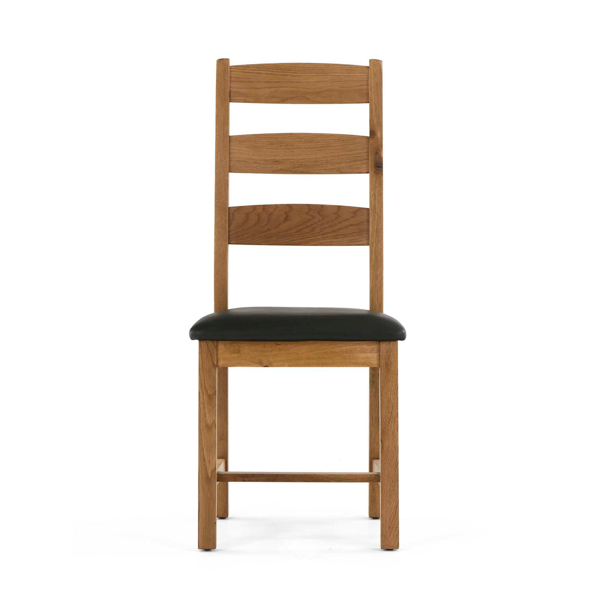 Wooden chair with black cushioned seat and ladder-style back.