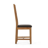 Side view of a wooden chair with a dark brown cushioned seat.