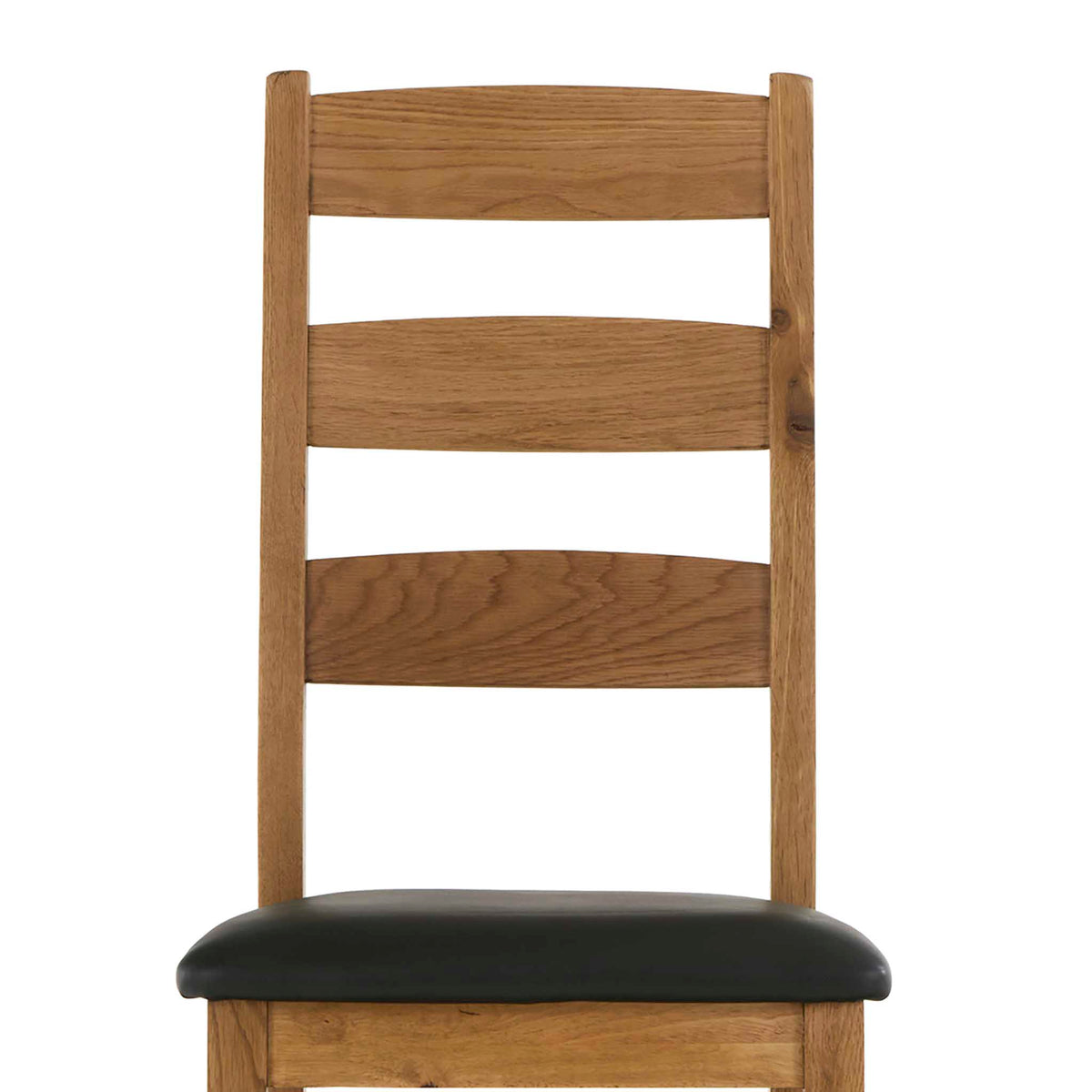 Wooden chair with black cushioned seat and ladder-style back.