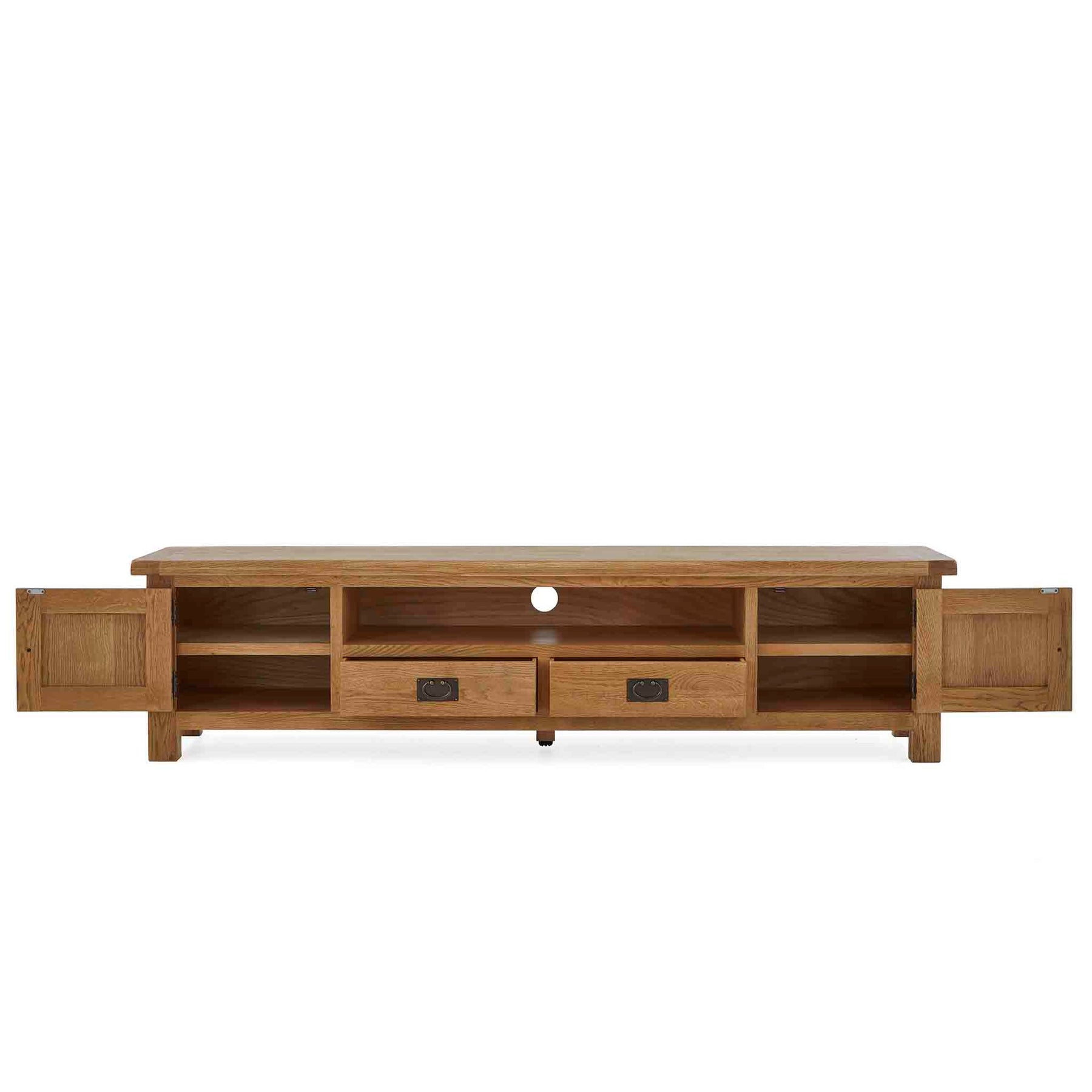 Zelah Oak 200cm TV Stand - Front view with cupboards and doors open