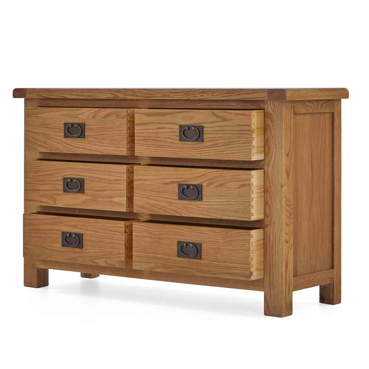 Zelah Oak 3+3 Drawer Chest of Drawers - Side view with drawers open