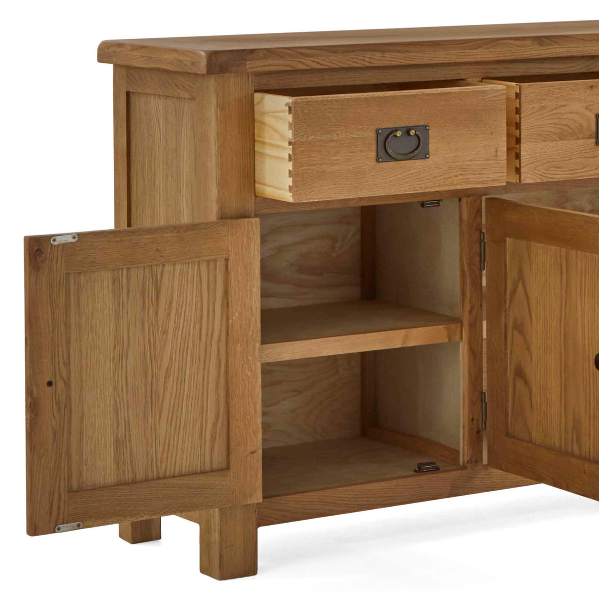 Zelah Oak Extra Large Sideboard - Showing inside cupboard and dovetail joints on drawers