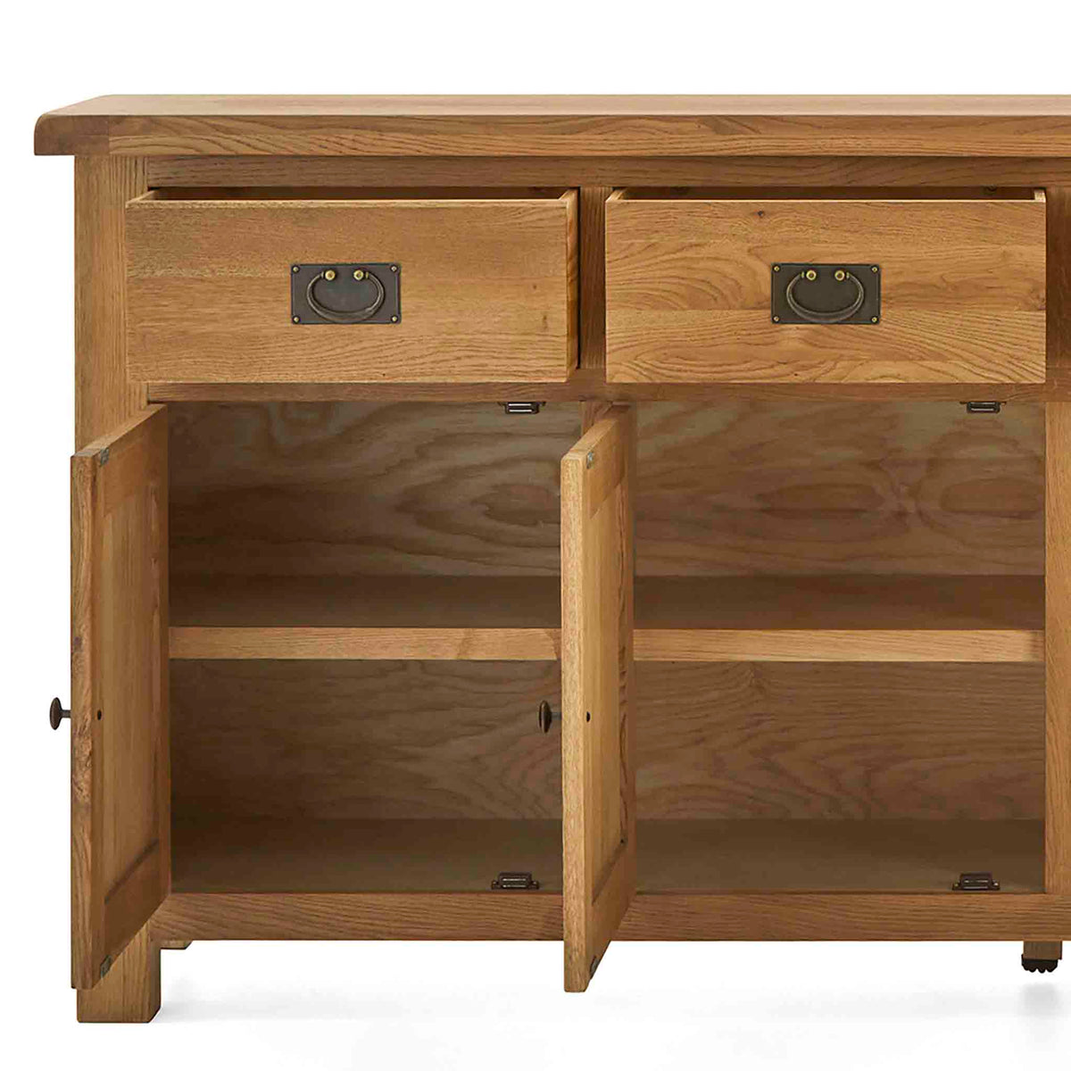 Zelah Oak Extra Large Sideboard - Close up of front with drawers and cupboards open