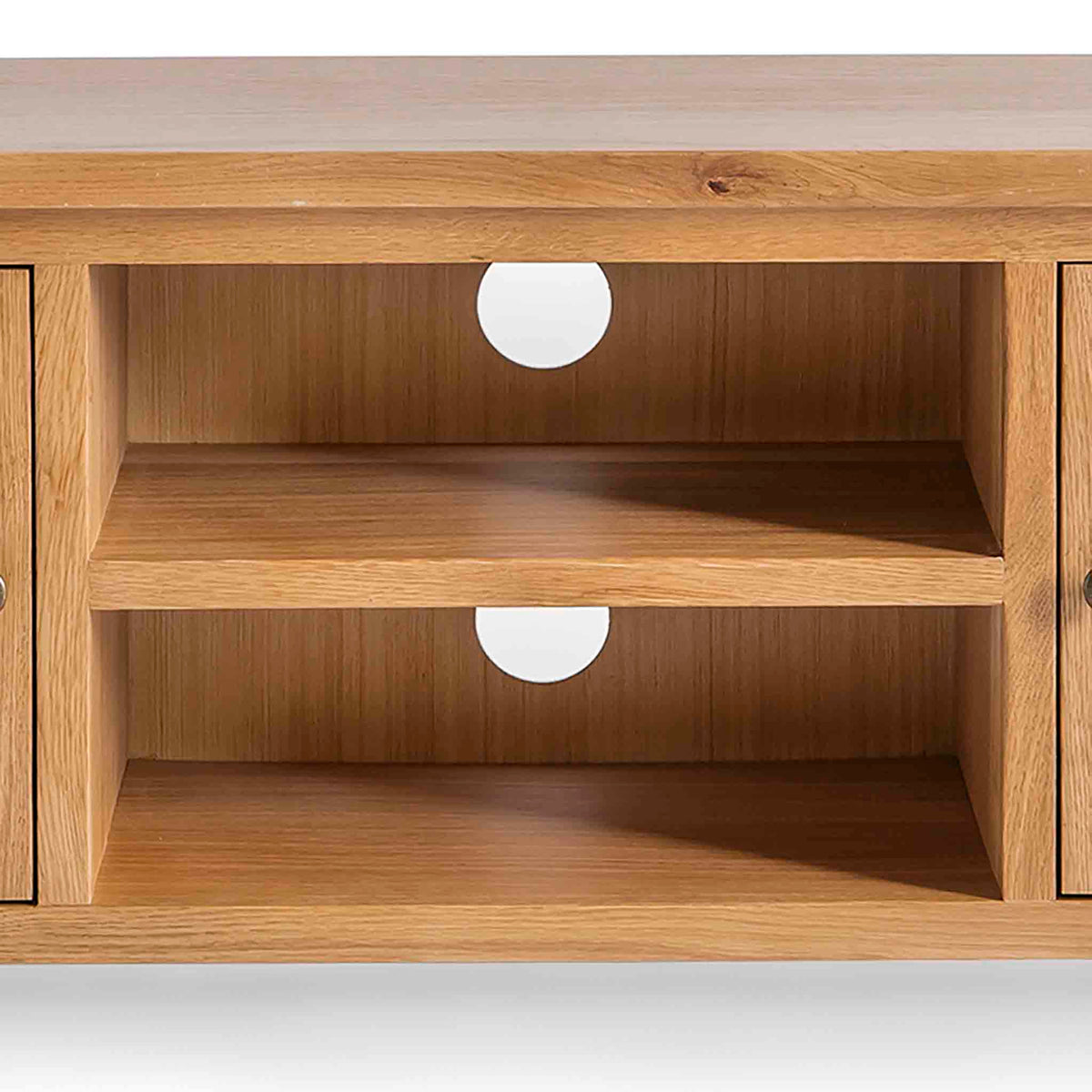 Surrey Oak TV Stand 120cm - Close up of mid section cable access holes and shelves