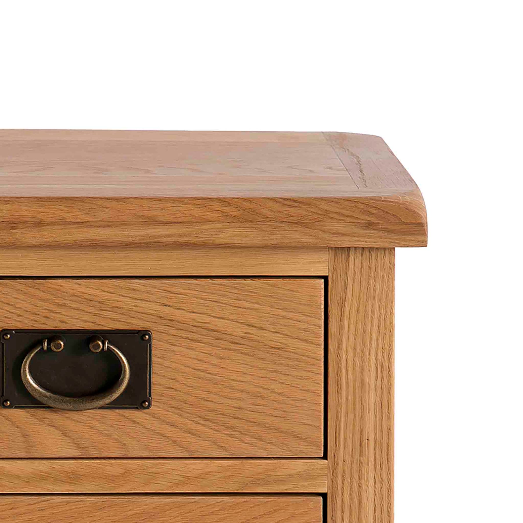A wooden side table with a flat top and a drawer featuring a brass half-moon pull handle, against a plain white background.