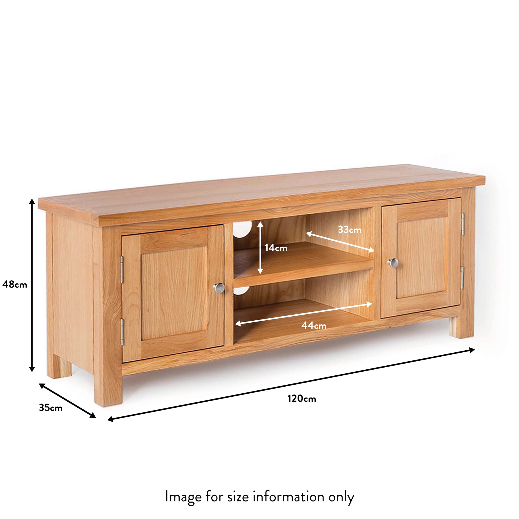 A wooden television stand with dimensions marked: 48cm high, 35cm deep, and 120cm wide; compartment heights are 14cm and 33cm; shelf depth is 44cm. Text states "Image for size information only."