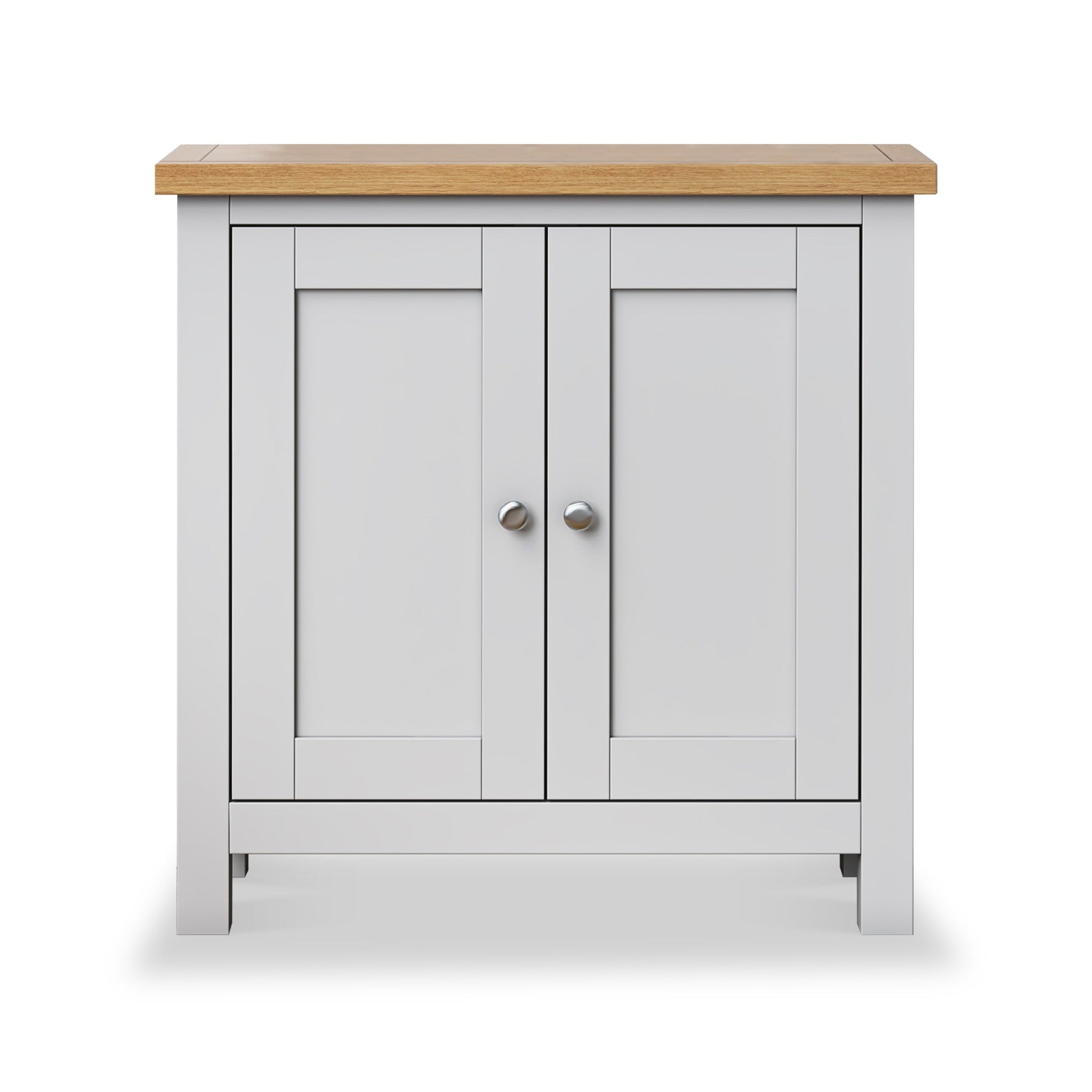 Farrow Grey Cupboard from Roseland Furniture - close up of wooden top - front view