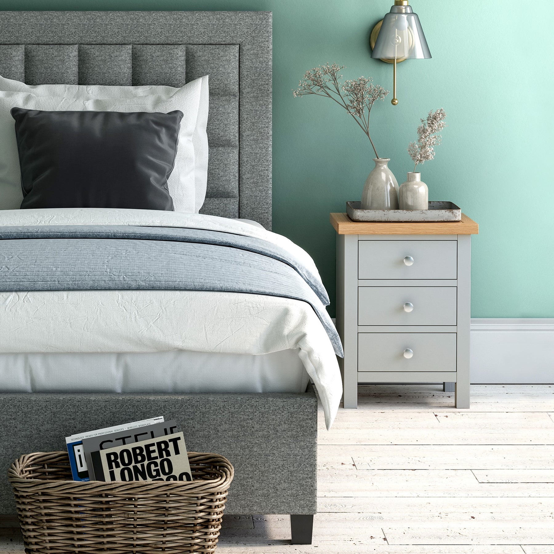 Farrow Grey Bedside Table from Roseland Furniture - Lifestyle Shot