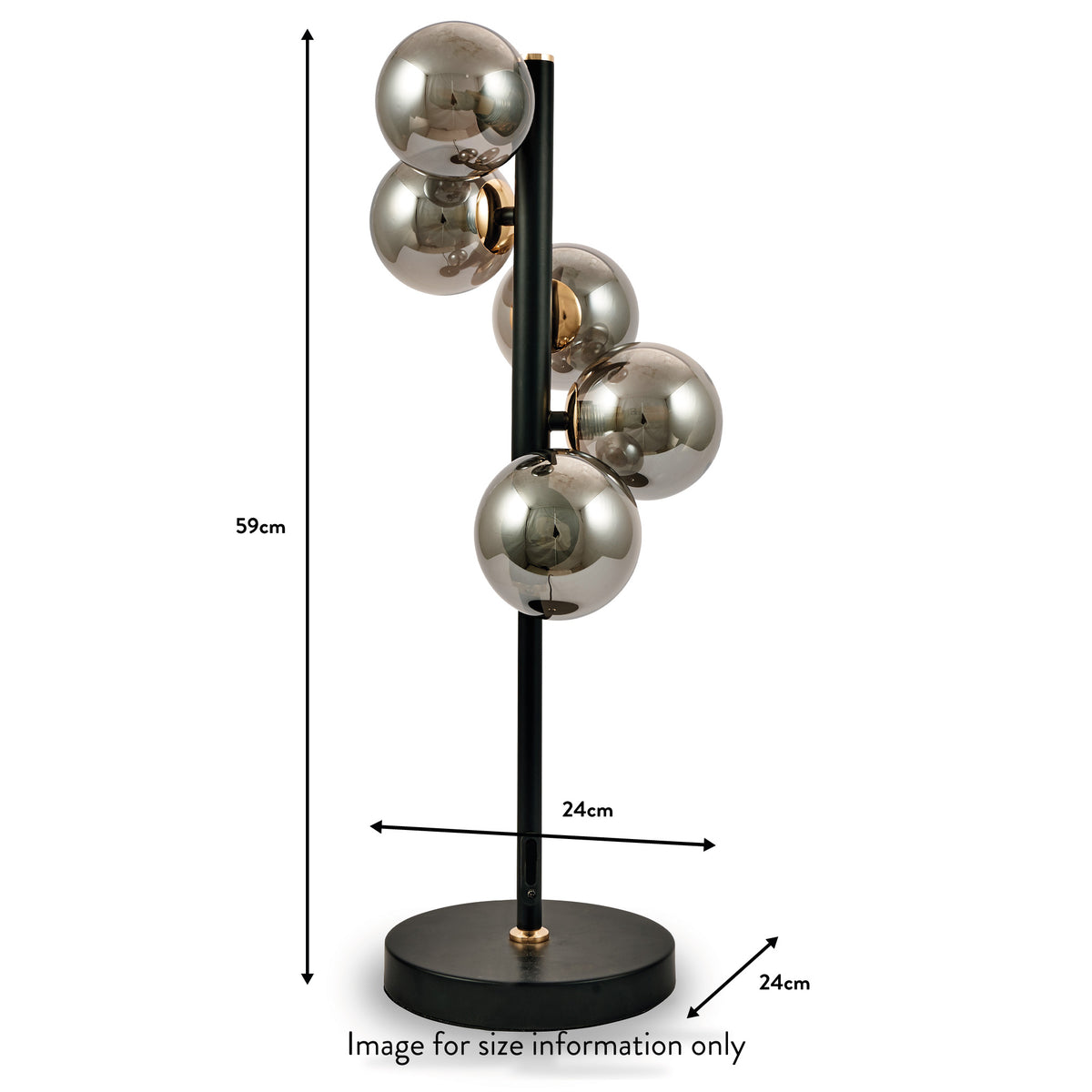 Blair Smoked Glass Ball and Black Metal Table Lamp dimensions