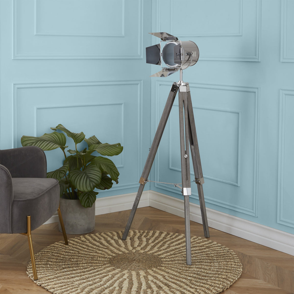 Hereford Silver Metal and Wood Tripod Film Floor Lamp
