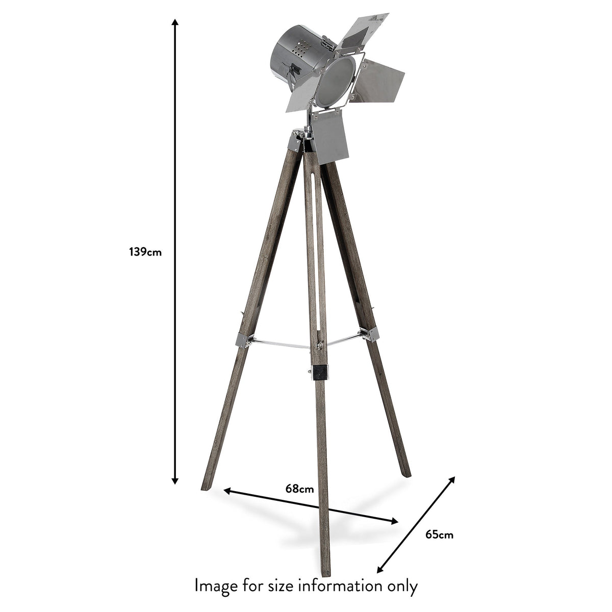 Hereford Silver Metal and Grey Wood Tripod Film Floor Lamp dimensions