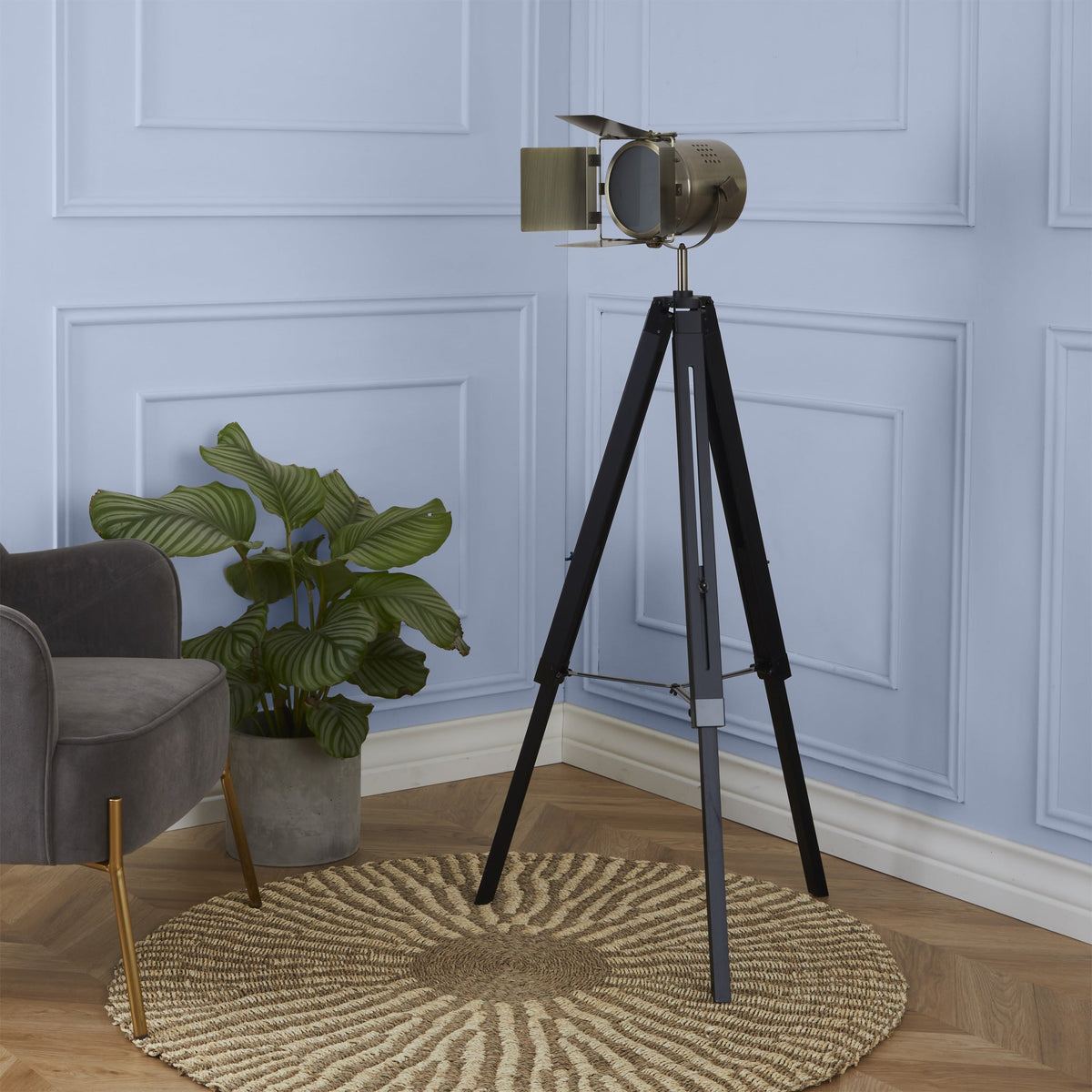 Hereford Antique Brass and Wood Tripod Film Floor Lamp