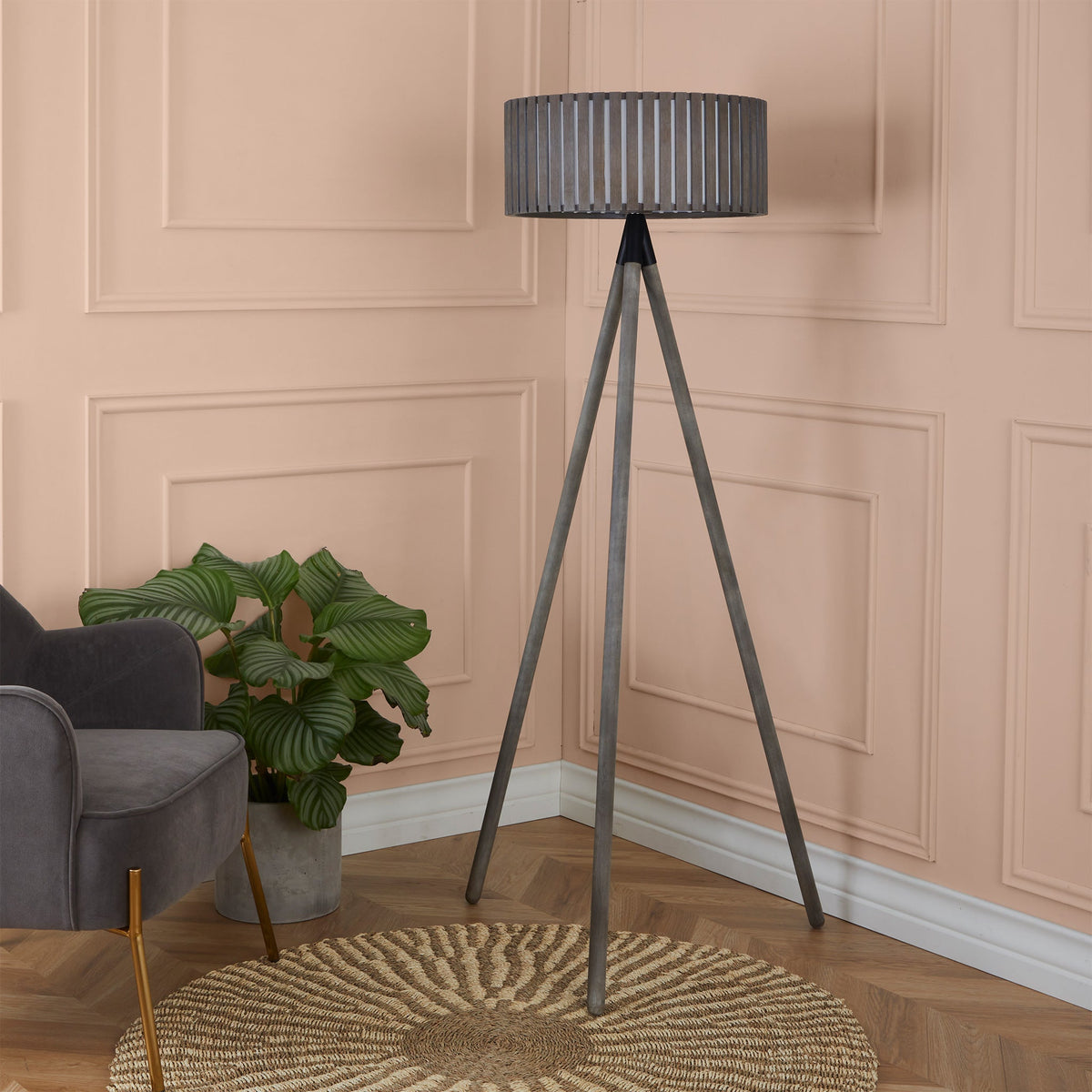 Rabanne Antique Wood Slat Tripod Floor Lamp from Roseland