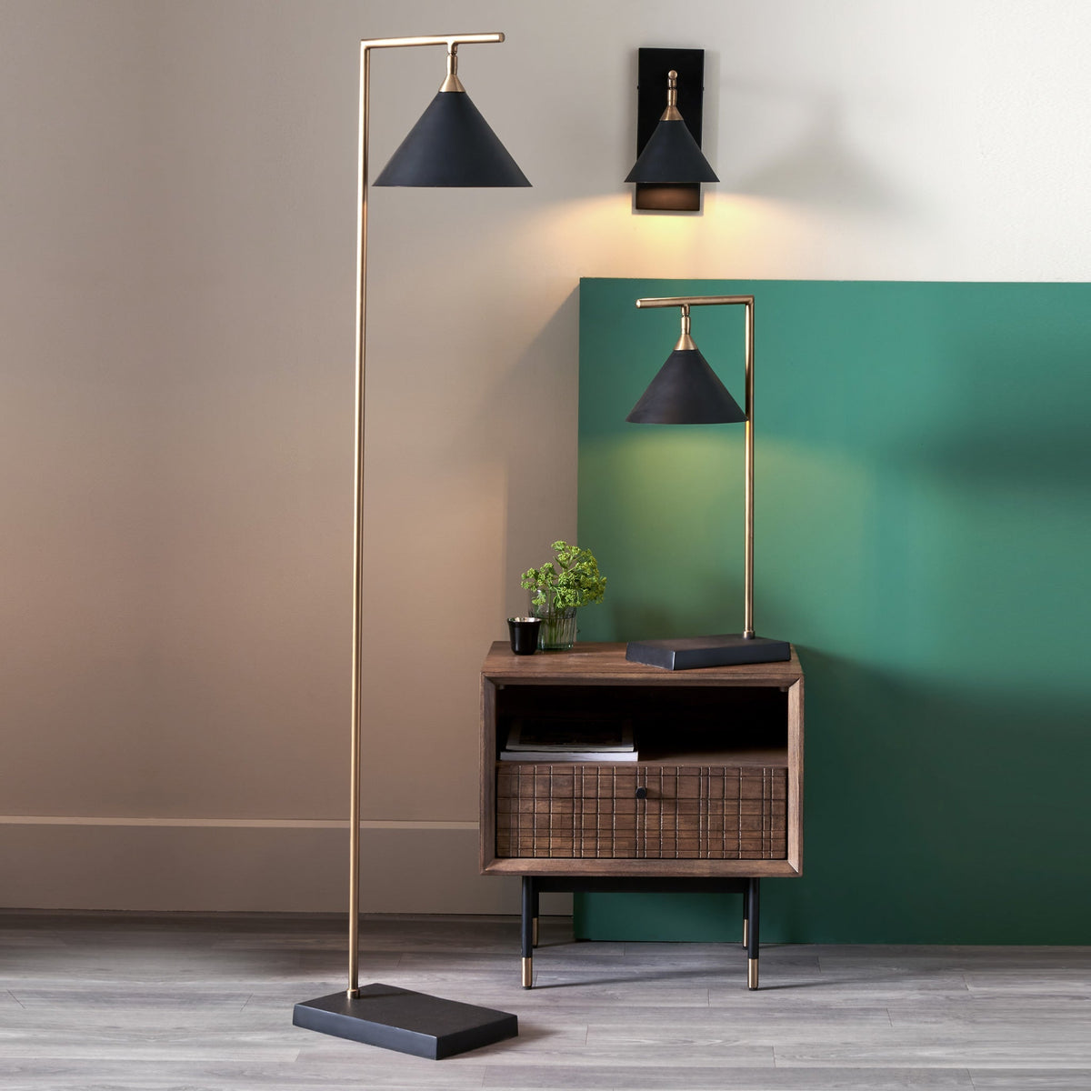 Zeta Matt Black and Antique Brass Floor Lamp lifestyle