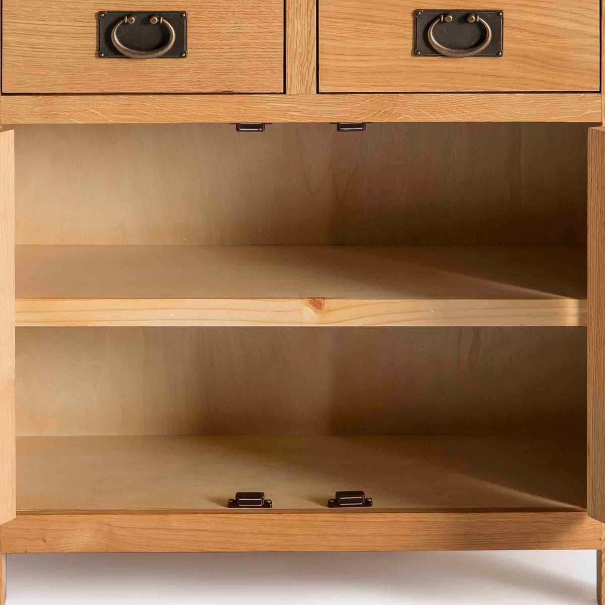 Surrey Oak Mini Sideboard - Close up of Inside Cupboard and shelf