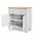 Farrow Grey Mini Sideboard - Side view with cupboard doors open