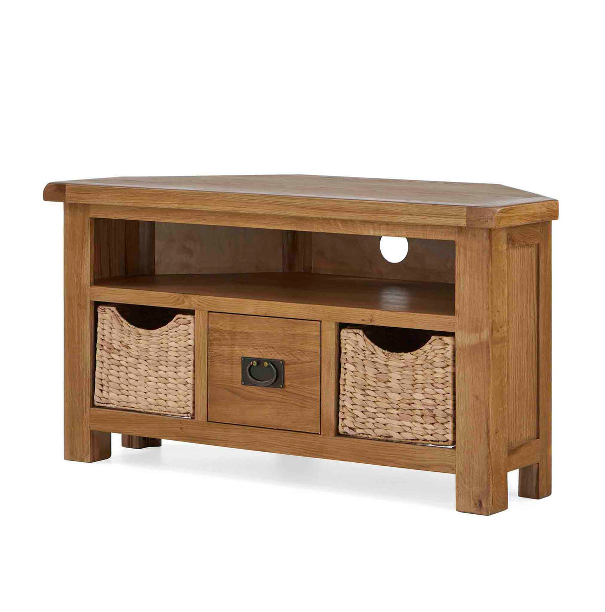 Zelah Oak Corner TV Stand with Baskets - Side view