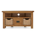 Zelah Oak Corner TV Stand with Baskets - Front view