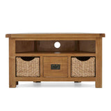 Zelah Oak Corner TV Stand with Baskets - Front view