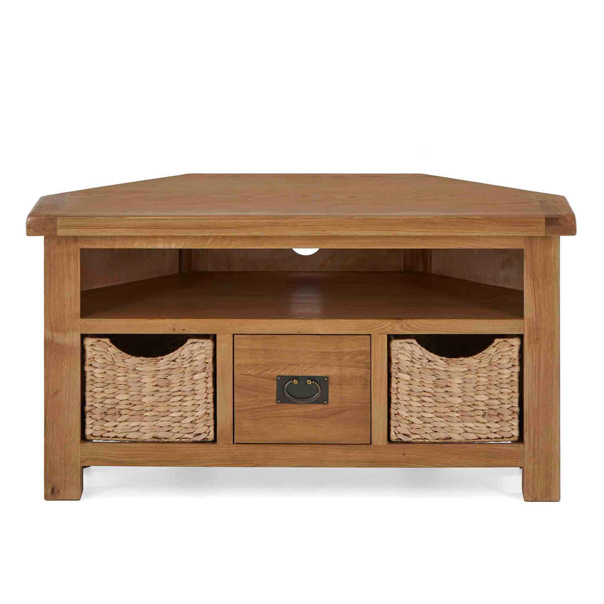 Zelah Oak Corner TV Stand with Baskets - Front view showing top