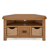 Zelah Oak Corner TV Stand with Baskets - Front view showing top