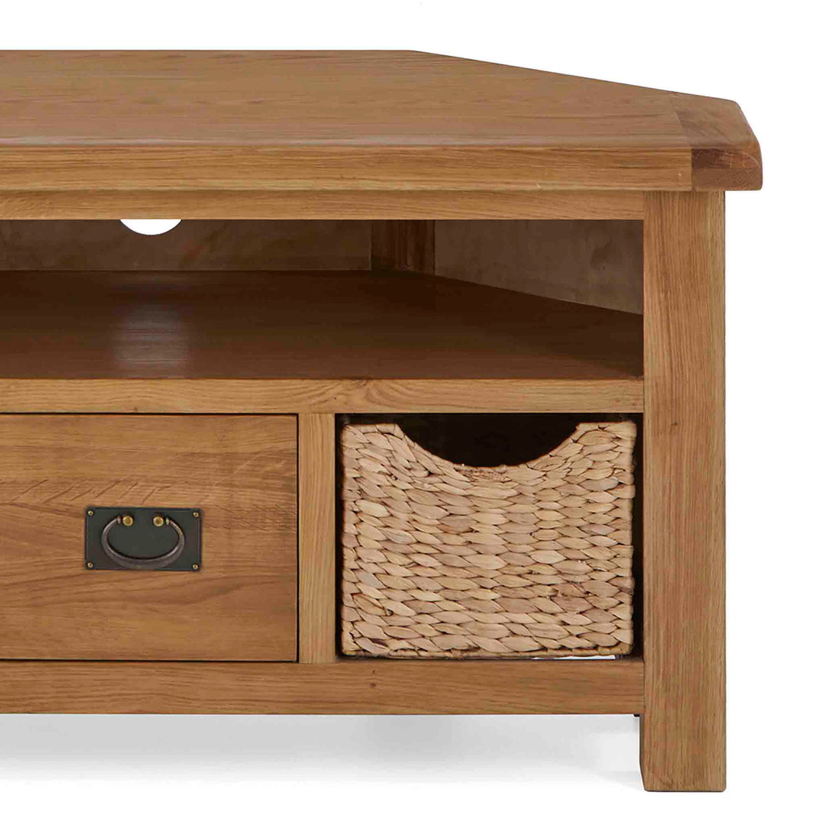 Zelah Oak Corner TV Stand with Baskets - Close up of shelf