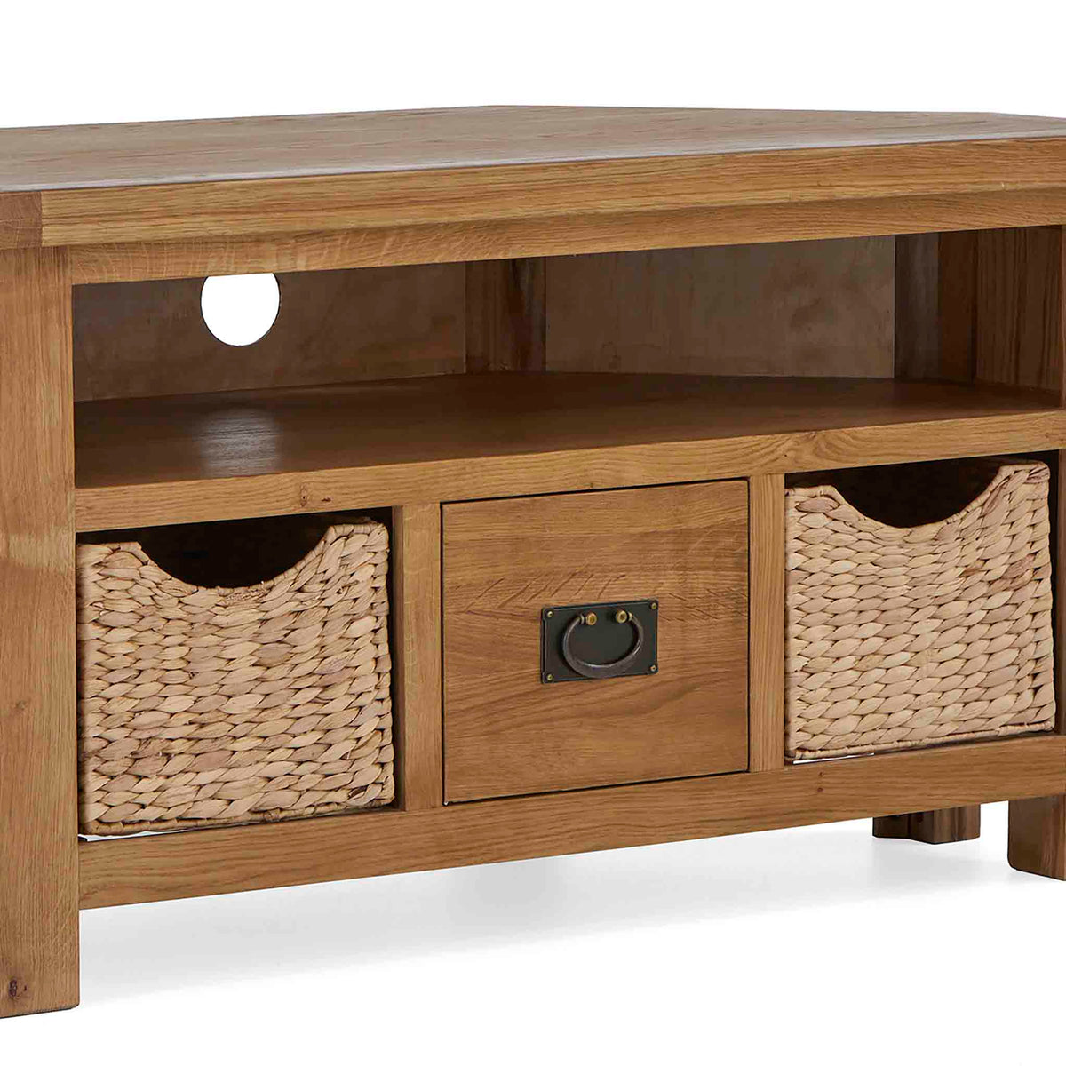 Zelah Oak Corner TV Stand with Baskets - Close up of front