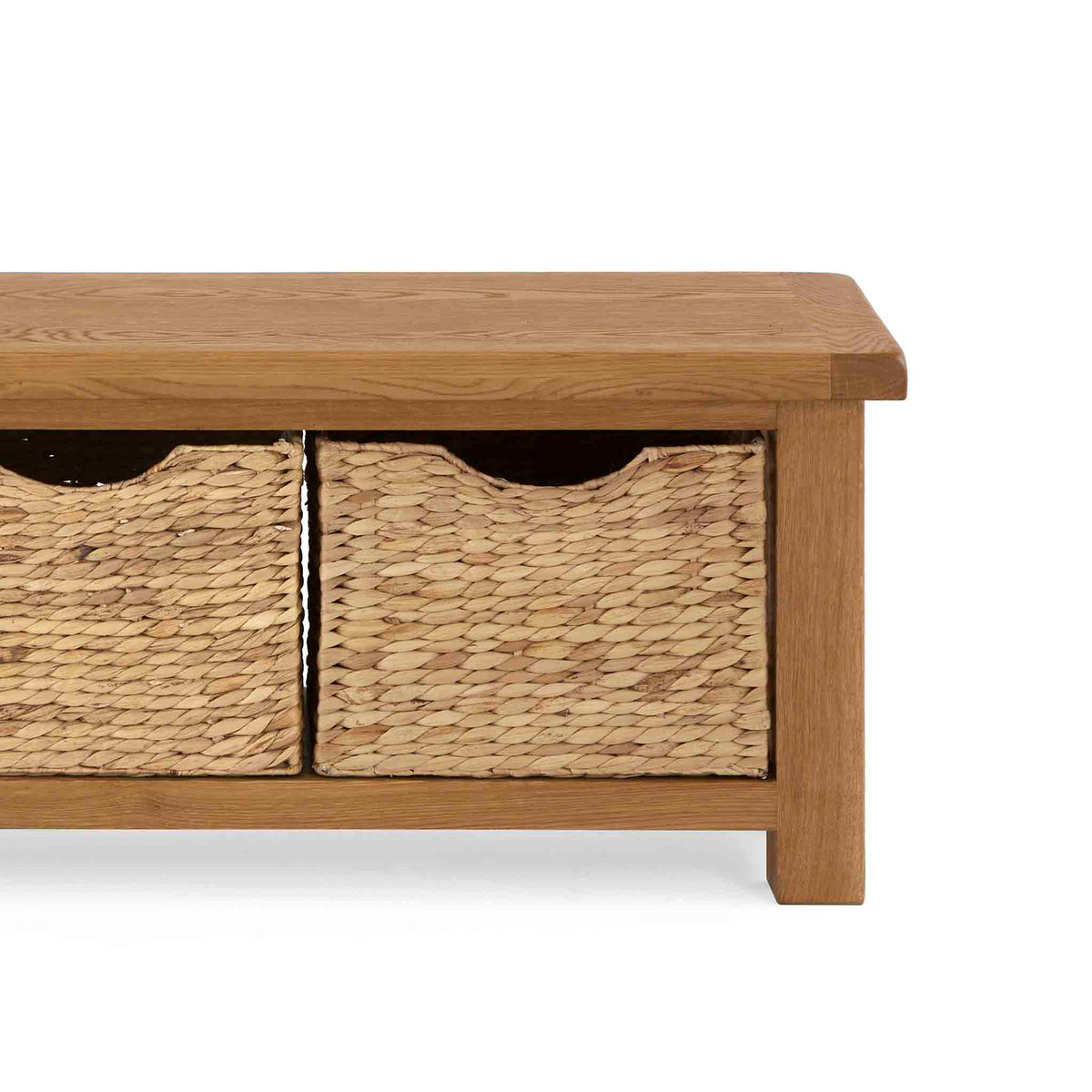 Zelah Oak Bench with Baskets - Close up of bench seat and baskets