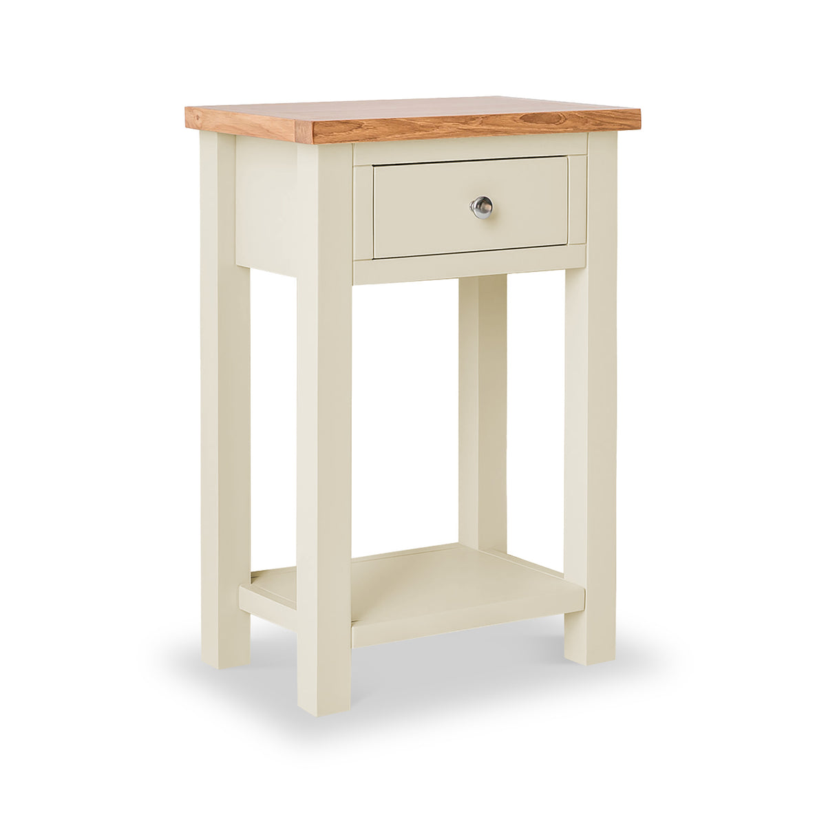 A cream-colored wooden side table with a natural wood top and a single drawer, against a white background.