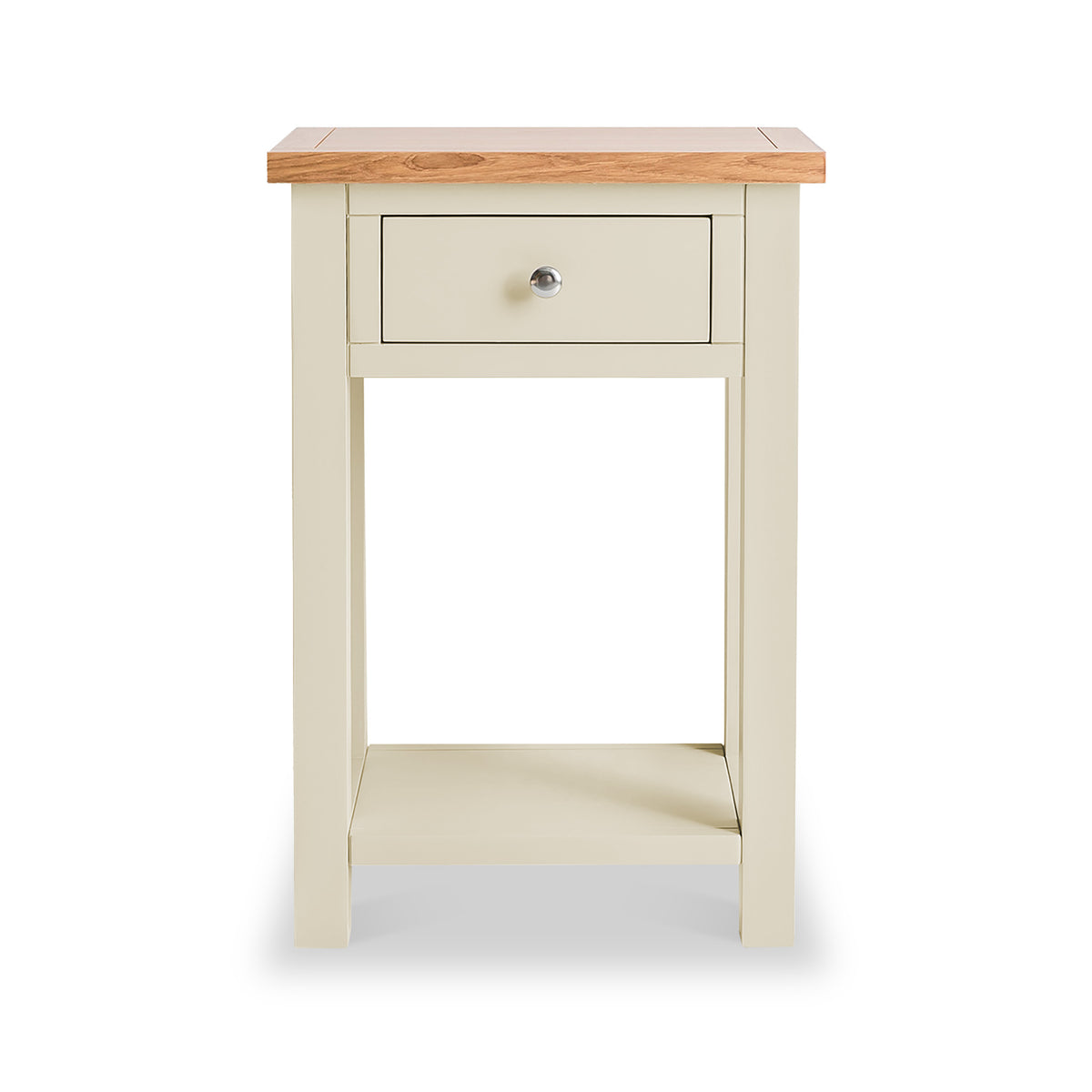A small, cream-colored side table with a natural wood top and a single drawer, standing against a white background.