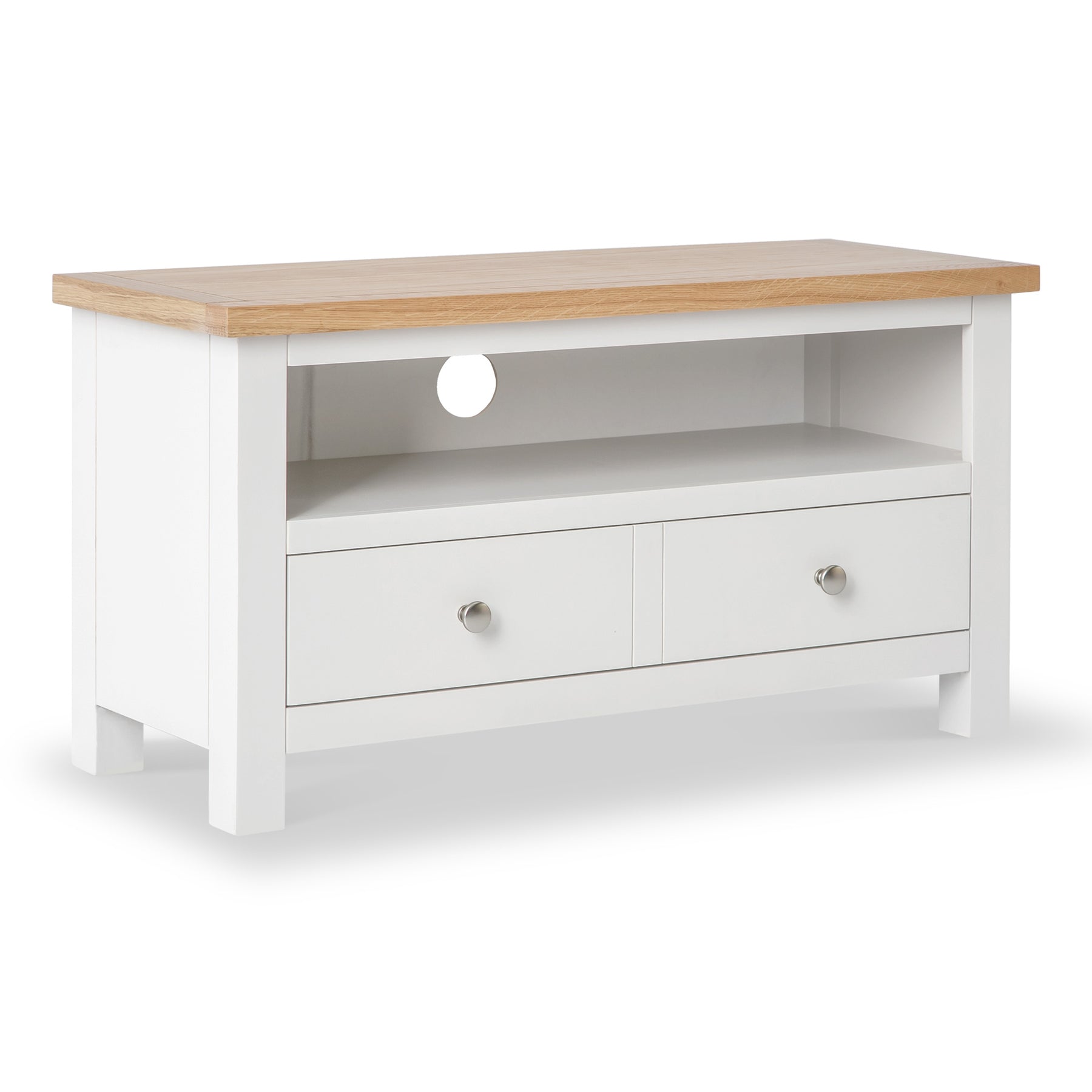 A white wooden TV stand with a natural wood top, featuring an open shelf, two drawers with silver knobs, and a hole for cables.