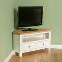 Farrow White Corner TV Stand - Lifestyle of TV stand in corner