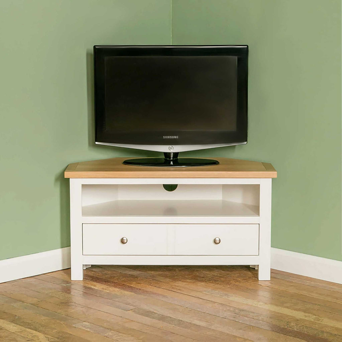 Farrow White Corner TV Stand Unit - Lifestyle  front view