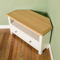 Farrow White Corner TV Stand - Lifestyle top view