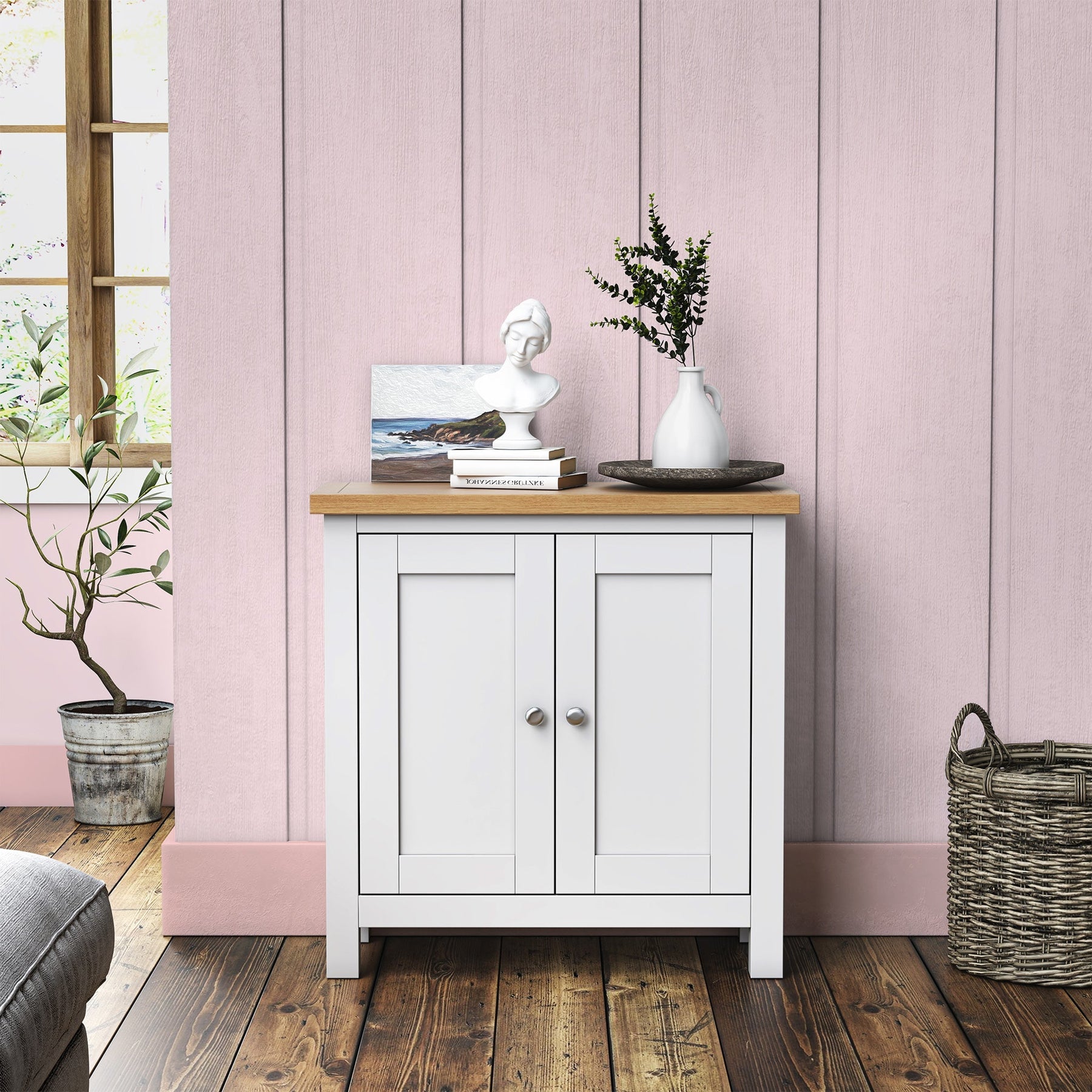 Farrow White Mini Cupboard from Roseland Furniture - lifestyle shot