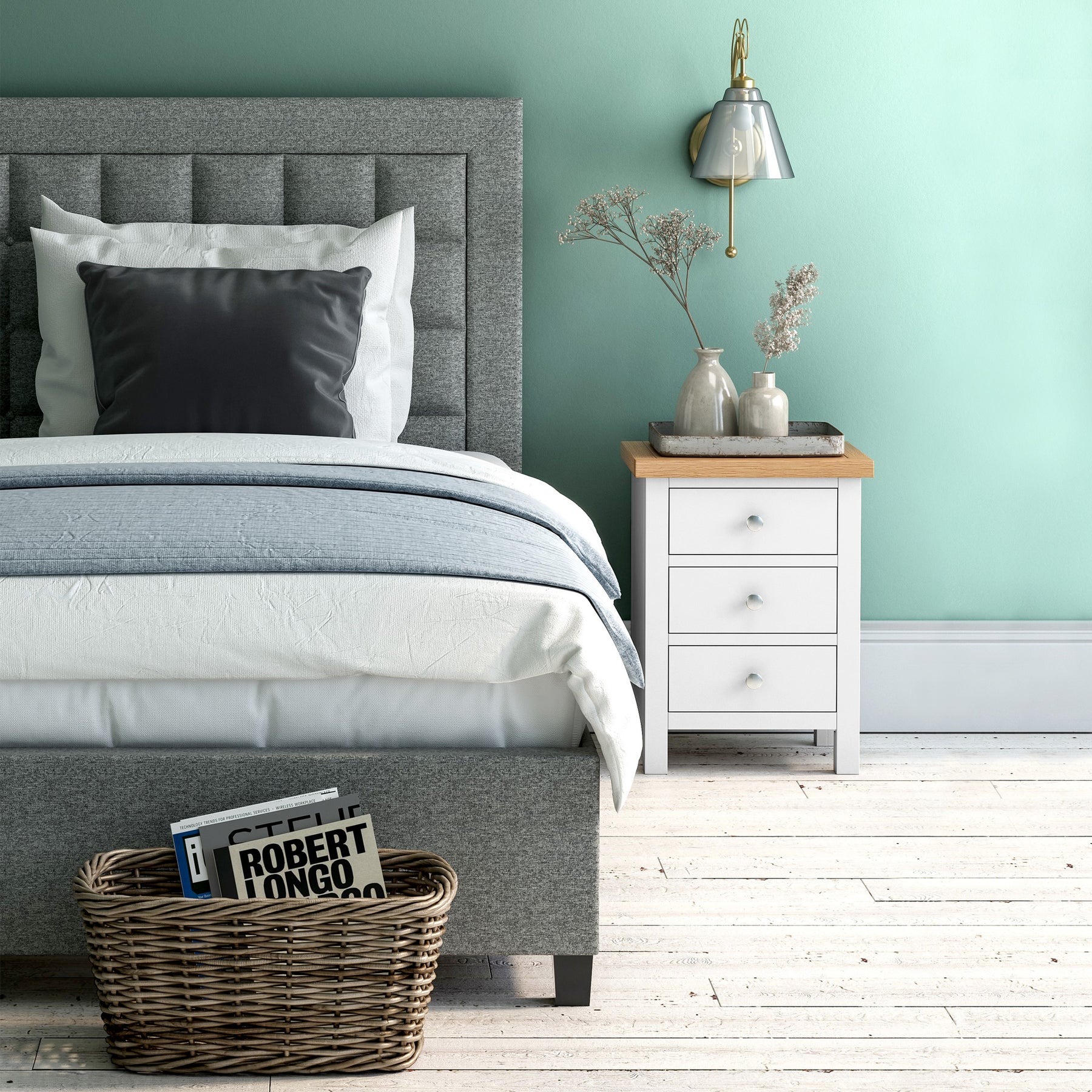 Farrow White Bedside Table from Roseland Furniture - Lifestyle shot