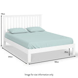 A white bed with blue bedding is displayed, accompanied by dimensions: 115cm high, 214cm long, and 165cm wide. The context is for size information, set against a neutral background. Text states "Image for size information only".