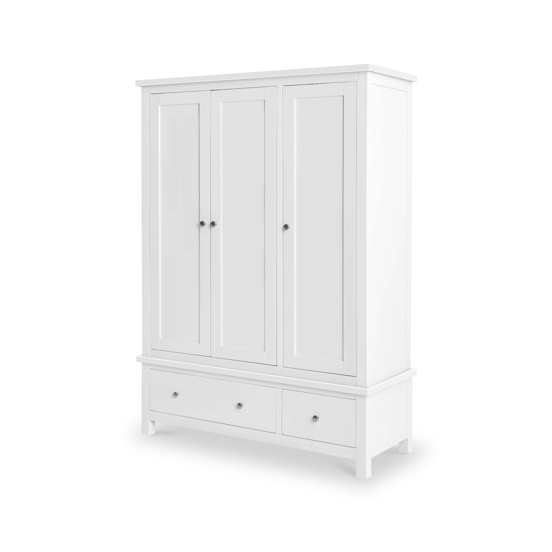 A white wooden wardrobe features three doors with knobs and two lower drawers, isolated against a white background.