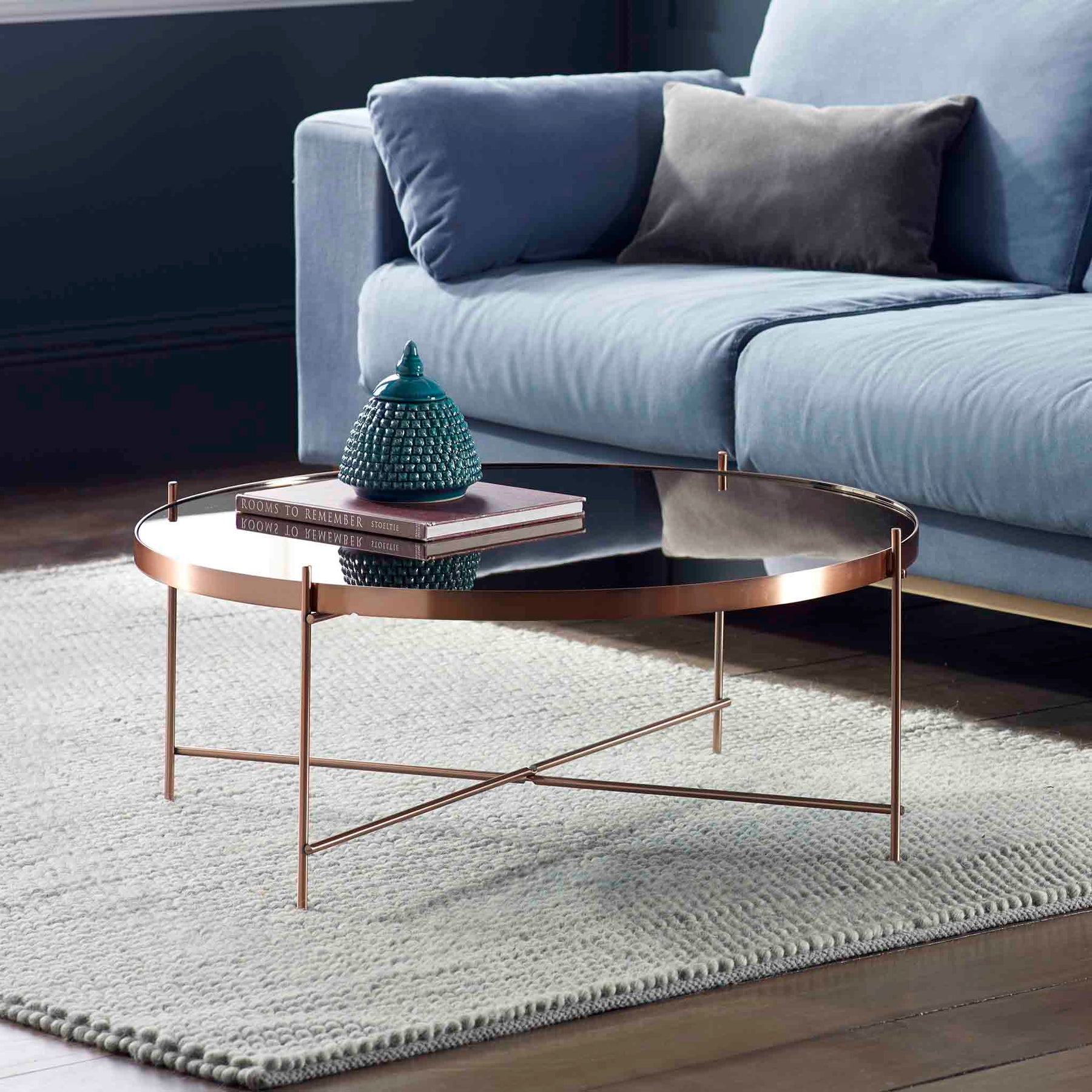 Arla Copper Metal Round Coffee Table with mirrored top Lifestyle