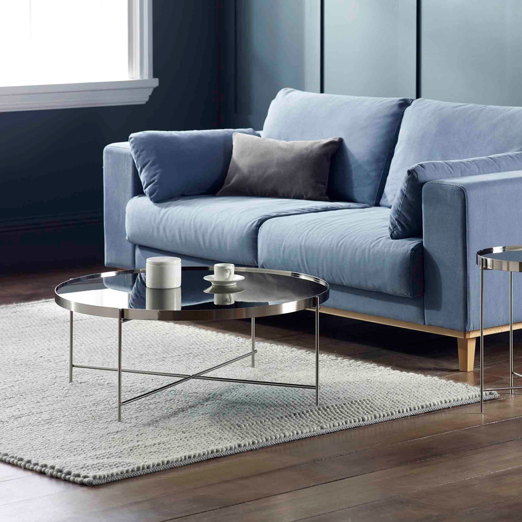 Arla Chrome Metal Round Coffee Table with mirrored top for lifestyle