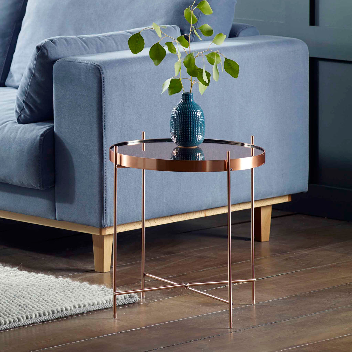 Arla Copper Mirrored Round Lamp Side Table Living Room