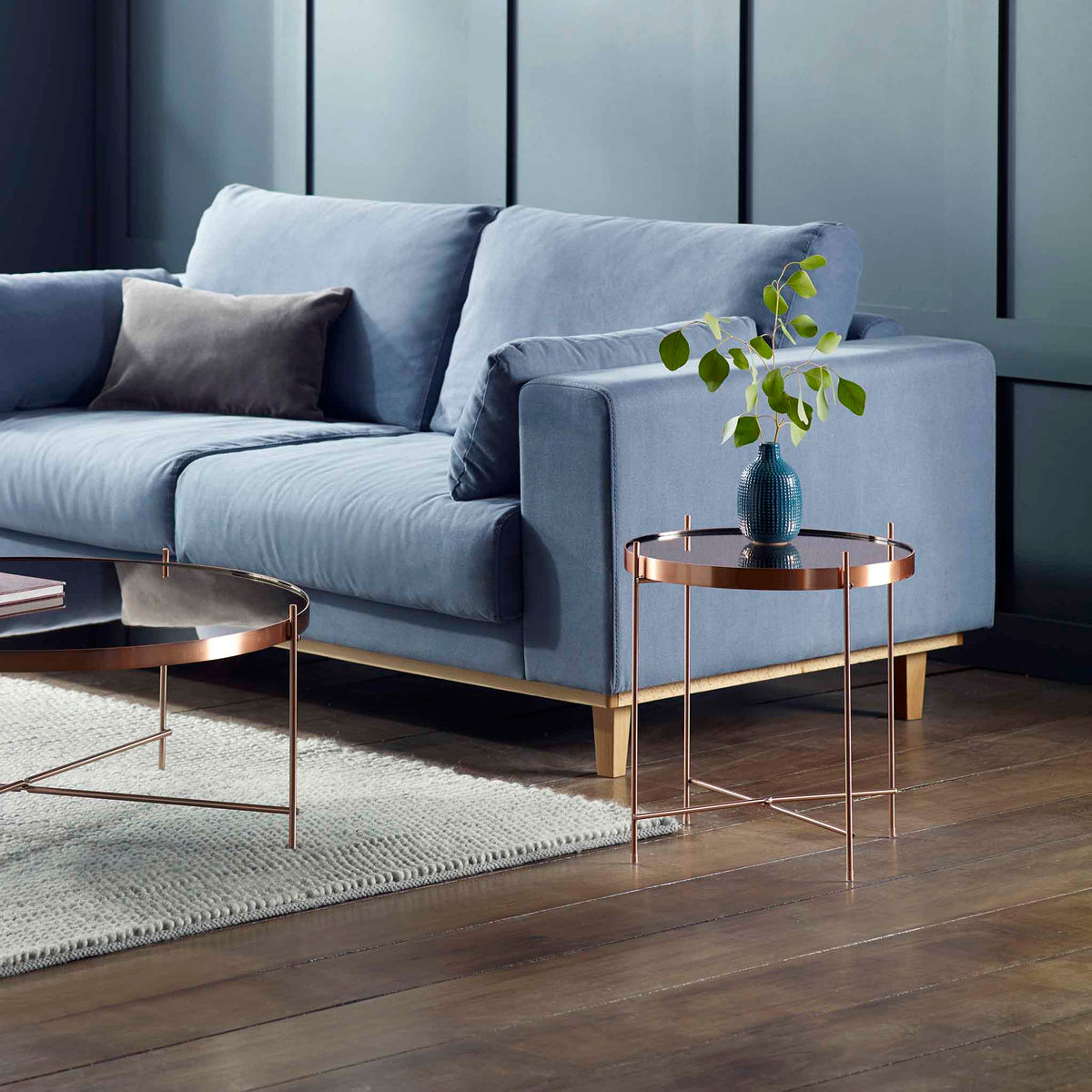 Arla Copper Mirrored Round Lamp Side Table Lifestyle