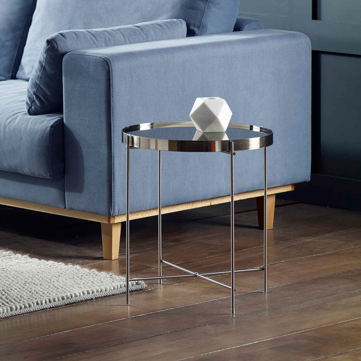 Arla Chrome Mirrored Round Lamp Side Table Living Room