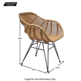 A modern armchair with a wicker seat and black metal legs stands against a white background, displaying dimensions: height 80cm, width 58cm, and depth 54cm. Text: "ROSELAND FURNITURE," "Image for size information only."